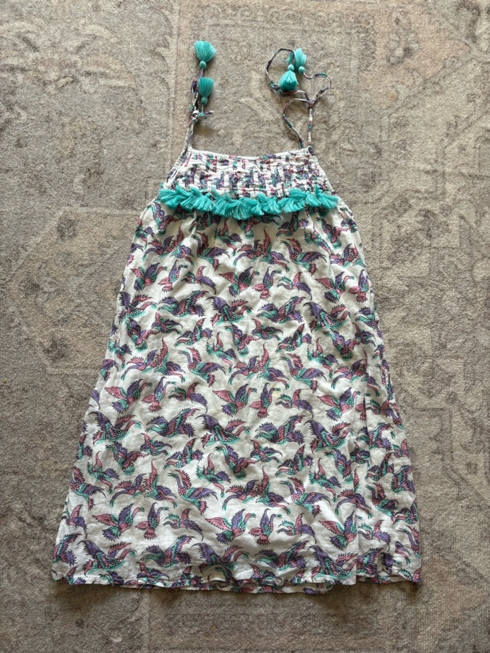 Egg size 8 Sleeveless Bird Print Sundress with Teal Tassel Trim